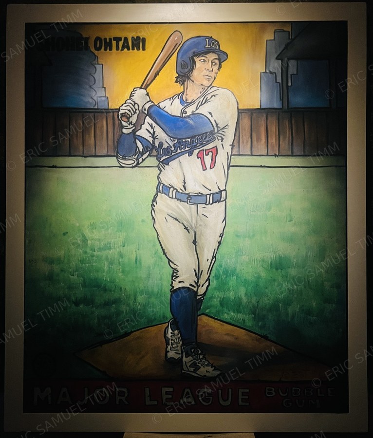 Painting of Shohei Ohtani batting for the Los Angeles Dodgers, "Major League Bubble Gum" card style